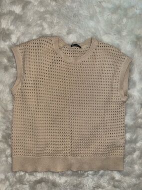 Pointelle Knit Sleeveless Tank Top in Beige